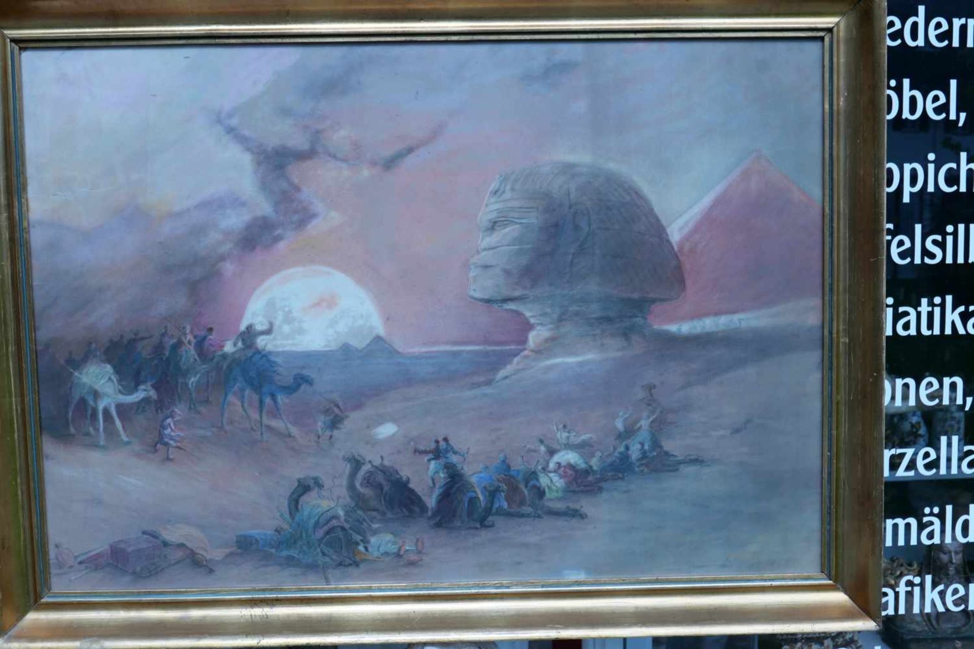 Beginnender Sturm in der Wüste bei den Pyramiden von GizehPastell/Papier. Karawane vor der Sphinx - Bild 3 aus 6