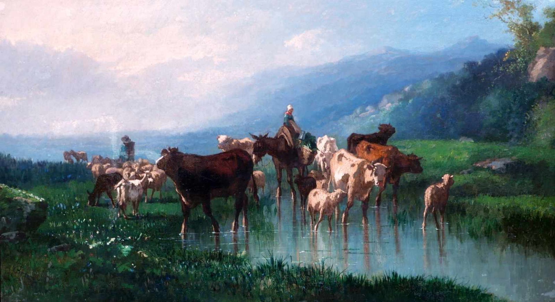 Antonio Cortés Cordero, 1827 Sevilla – 1908 Lagny-sur-MerÖl/Leinwand. Herde an der Tränke. Gezeigt