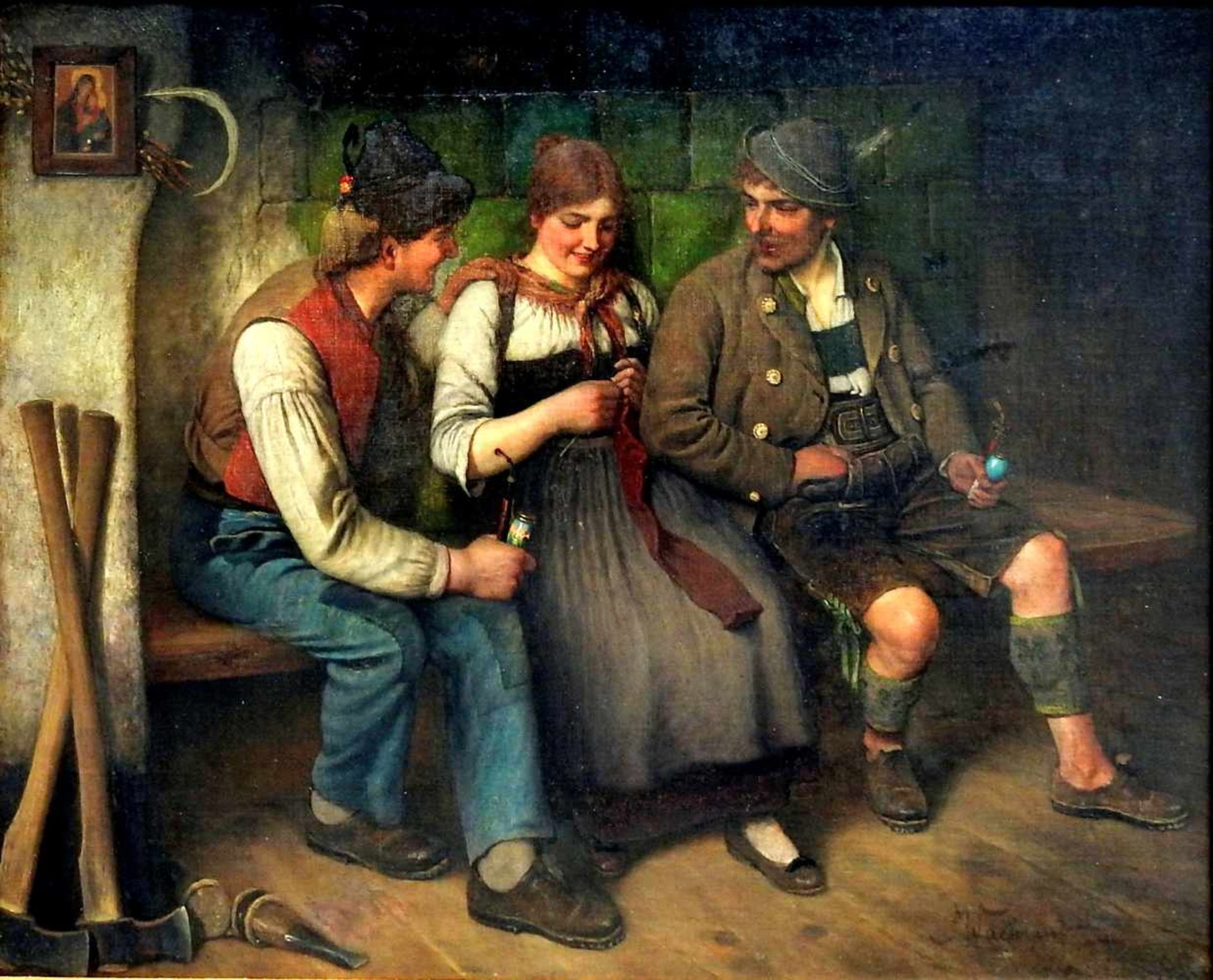 Maximilian Wachsmuth, 1859 Laßrönne – 1912 MünchenÖl/Leinwand. Auf einer Ofenban