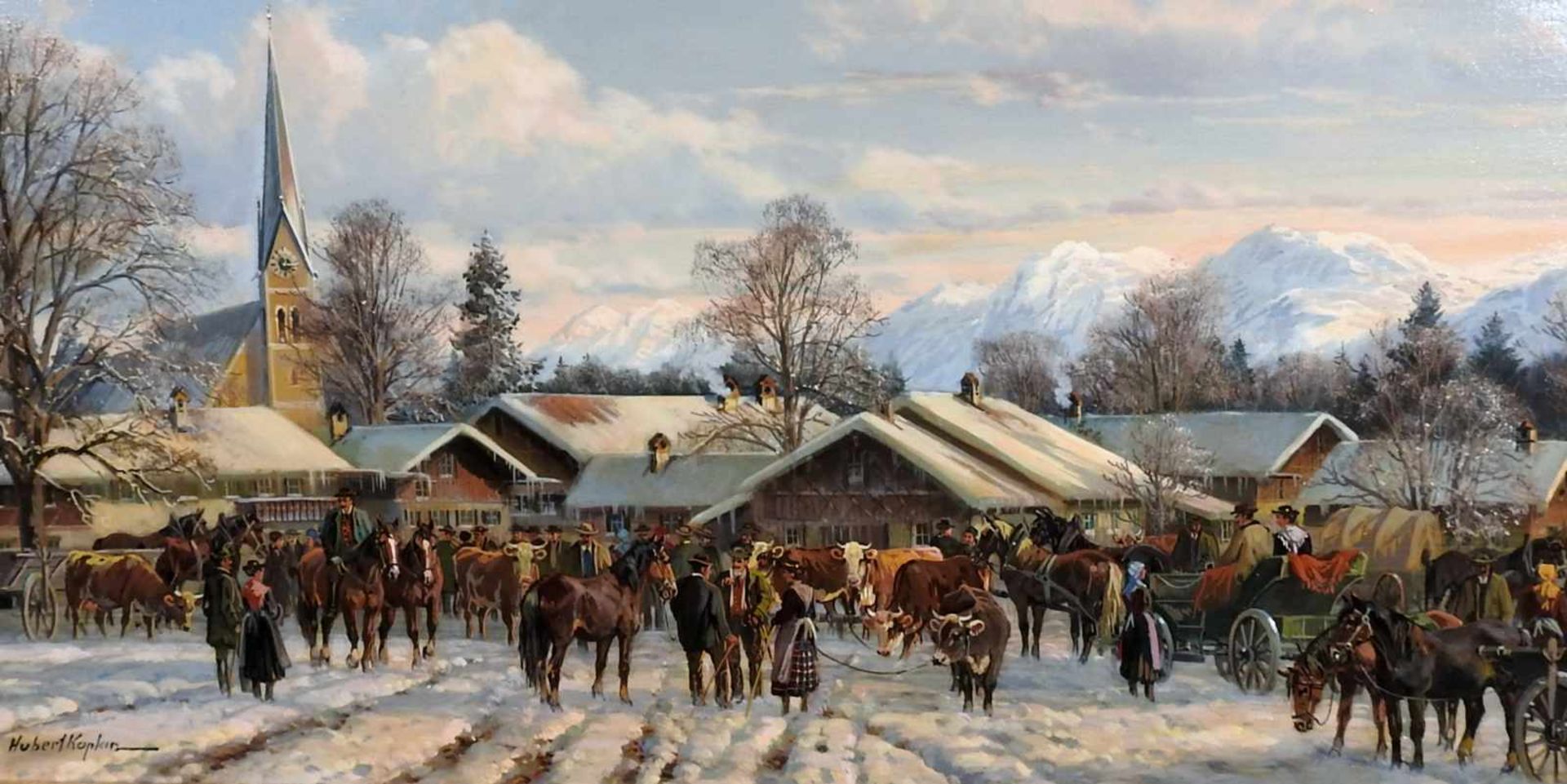Hubert Kaplan, 1940 MünchenÖl/Holz. Viehmarkt im Winter. Auf einem verschneiten Dorf - Image 2 of 3