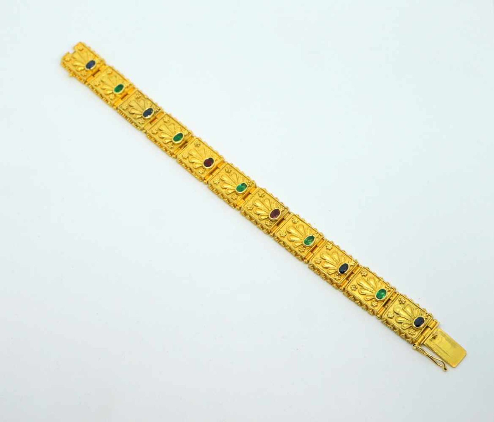 Massives Armband18 K Gelbgold. Damenarmband mit feiner Granulations-Handarbeit, besetz