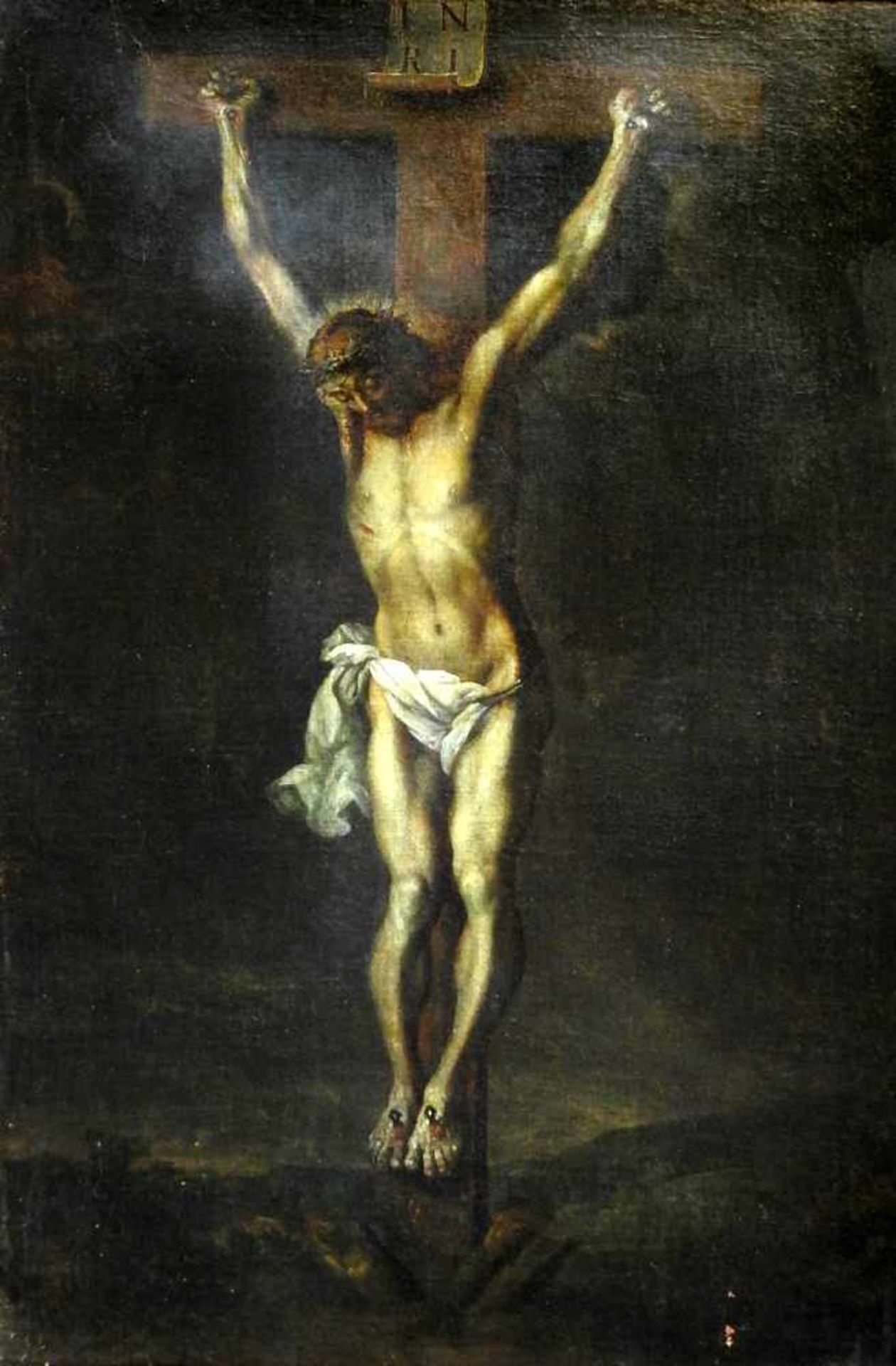 Jesus am KreuzÖl/Leinwand. Dargestellt ist der Vier-Nagel-Typus des gekreuzigten Jesu