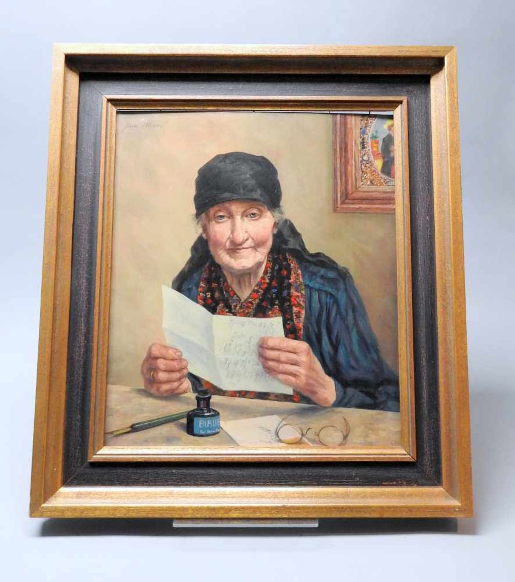 BriefschreiberinÖl/Holz. Dargestellt ist eine alte Frau in einem farbenprächtigen Ge - Bild 5 aus 6