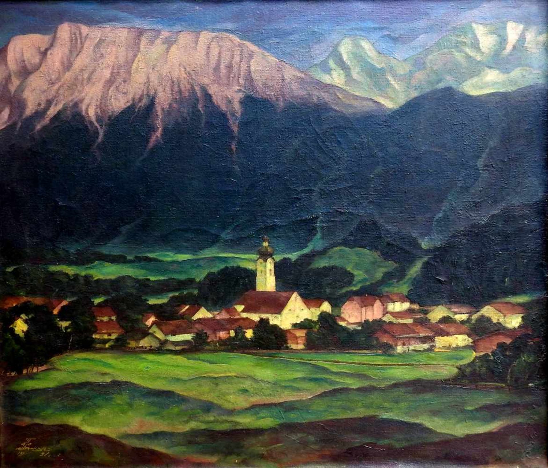 Otto Grassl, 1891 München – 1976 DachauÖl/Leinwand. Ansicht eines Dorfes vor hohen