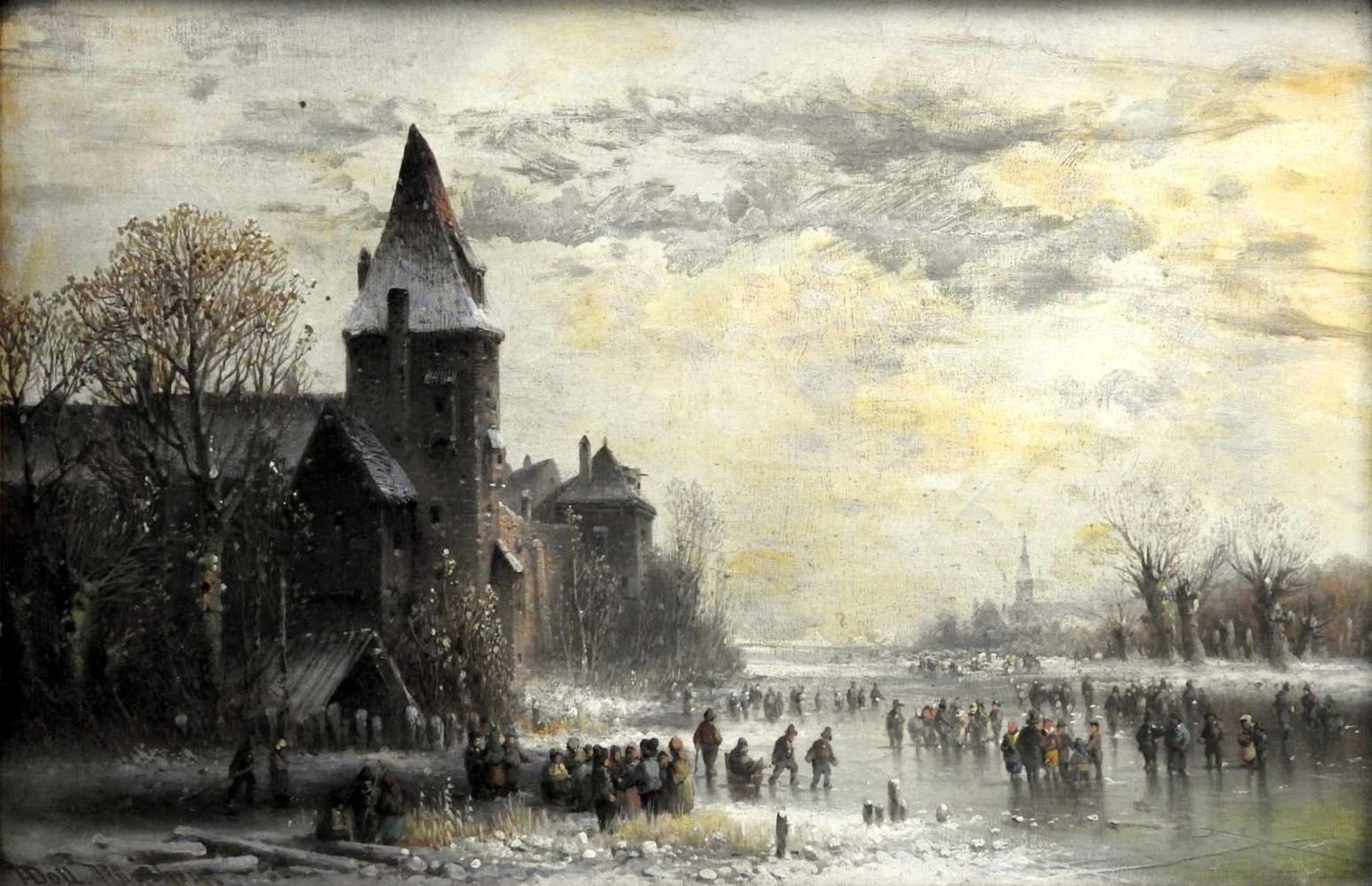 Anton Doll, 1826 München - 1887 ebendaÖl/Leinwand. Eisvergnügen auf einem gefrorene
