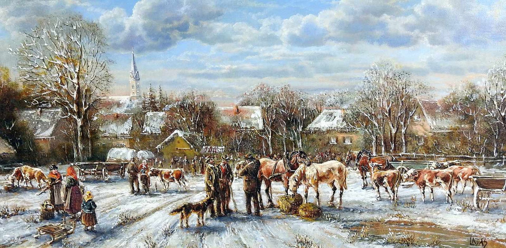 Anneliese Ladas, 1941 OberbayernÖl/Holz. Viehmarkt auf einem verschneiten Dorfplatz.