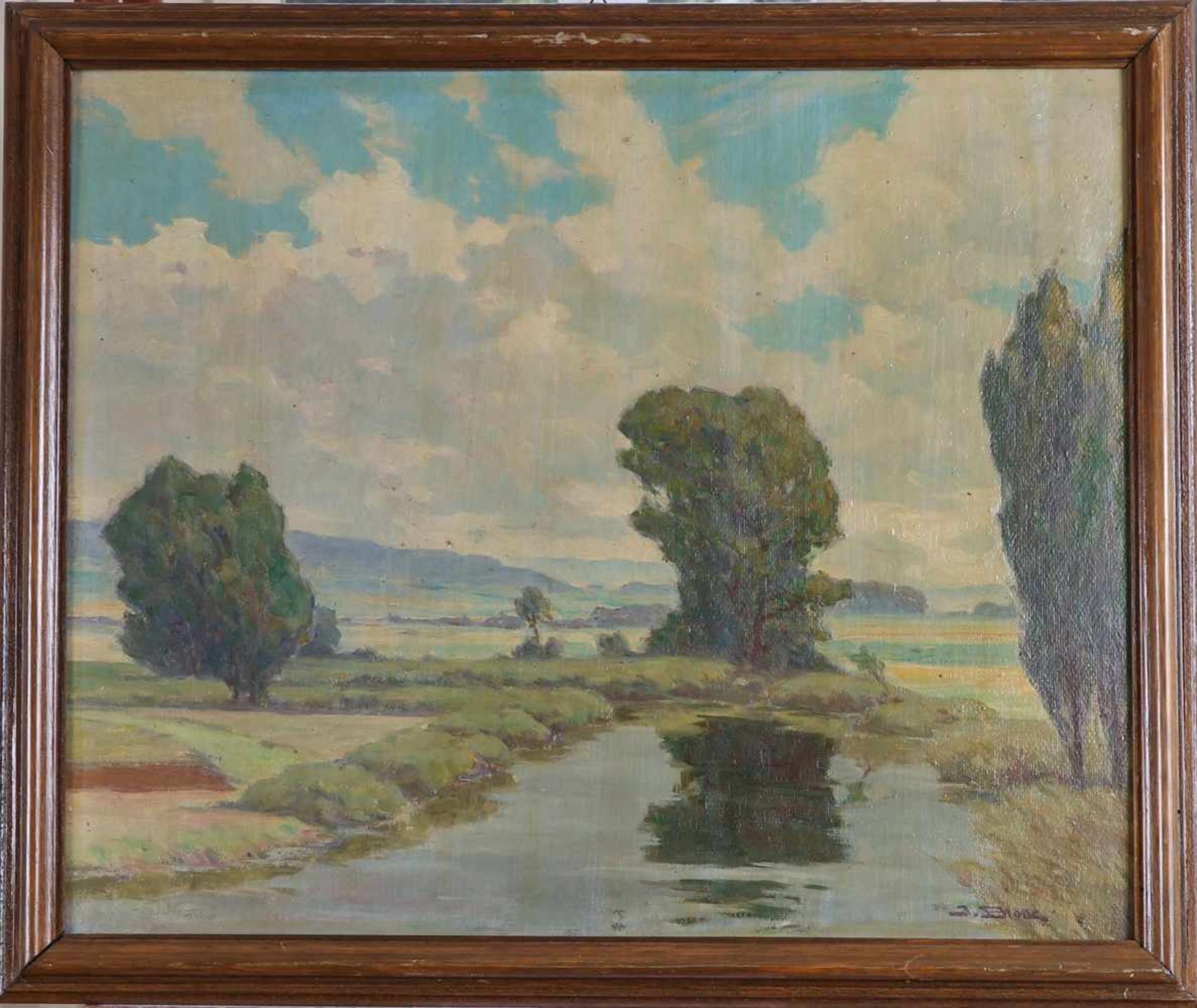 Block, J.Sommerliche Wiesenlandschaft mit kleinem Teich. Öl/Malkarton. Re.u. sign. 50 x 58 cm. R.