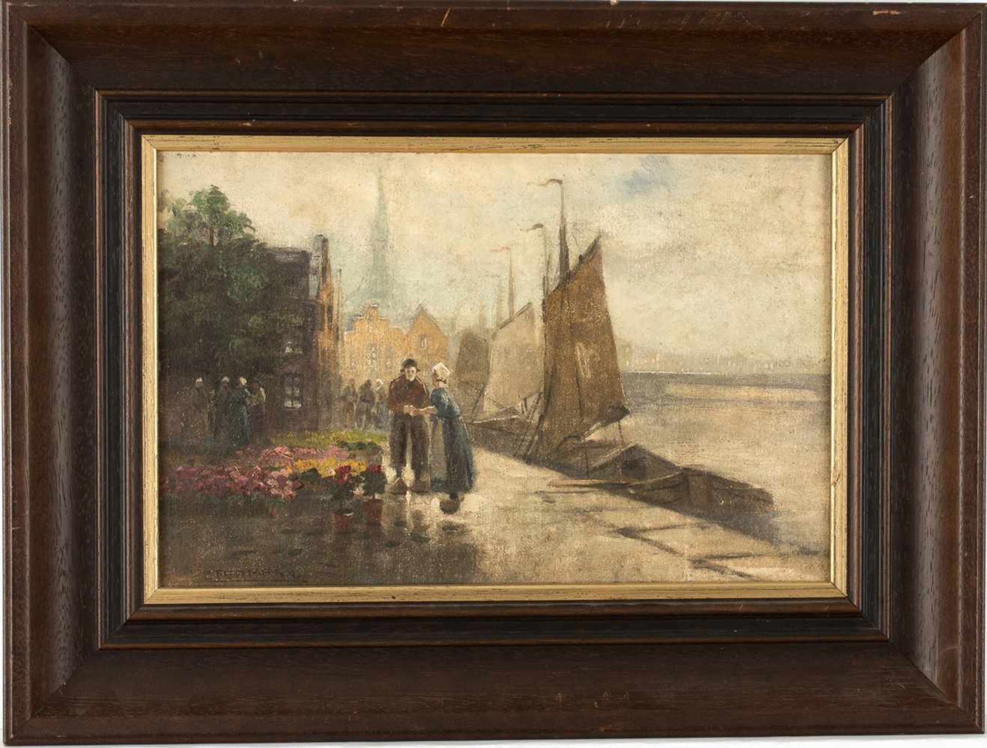 PetermannGenremaler 20.Jh. "Blumenmarkt an einer Gracht". Öl/Lwd. Li.u. sign. 25 x 36 cm. R. Lwd.mit