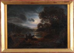 Romantiker um 1820Romantische Berglandschaft mit Schloß und Blick über einen See, rechts ein Reiter.
