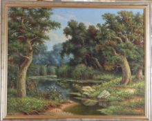 Russischer Maler des 19. Jh.Romantische Waldlandschaft mit Seerosenteich. Öl/Leinwand. R.u.
