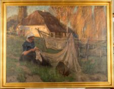 Fischer-Gurig, Adolf (1860-1918)Fischerfrau beim Netzflicken. Vor einer reetgedeckten Kate wird