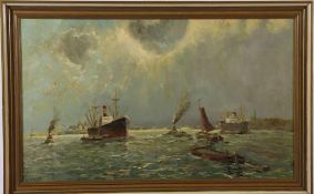 Marinemaler des 20. Jh.Hafenansicht, Öl/Lwd. 60 x 100 cm. R.