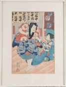 Japanische FamilieFarbholzschnitt. Li.u. sign. Plattengr. 35 x 44 cm. Im Passepartout unter Glas