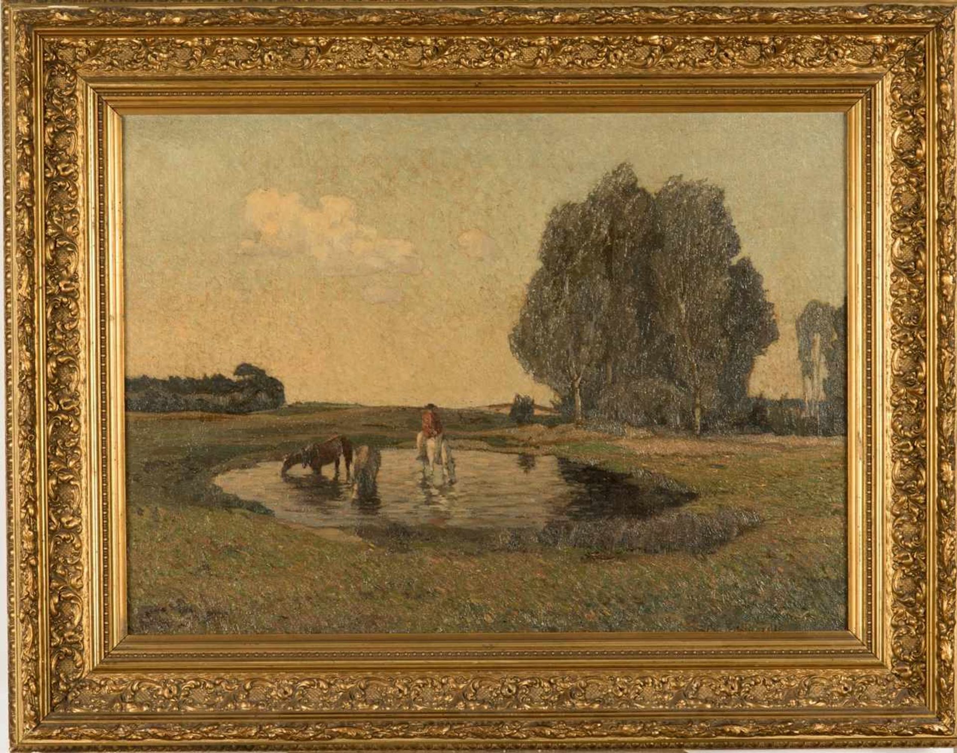 Douzette, Fritz (1878- Berlin- 1955)Landschaft mit Reiter und 3 Pferden im Teich, Öl auf Leinwand,