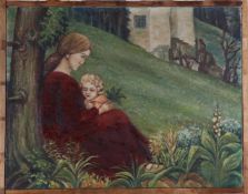 Genremaler um 1900Mutter und Kind in inniger Zweisamkeit in einem Garten. Öl/Leinwand. 64 x 79 cm.
