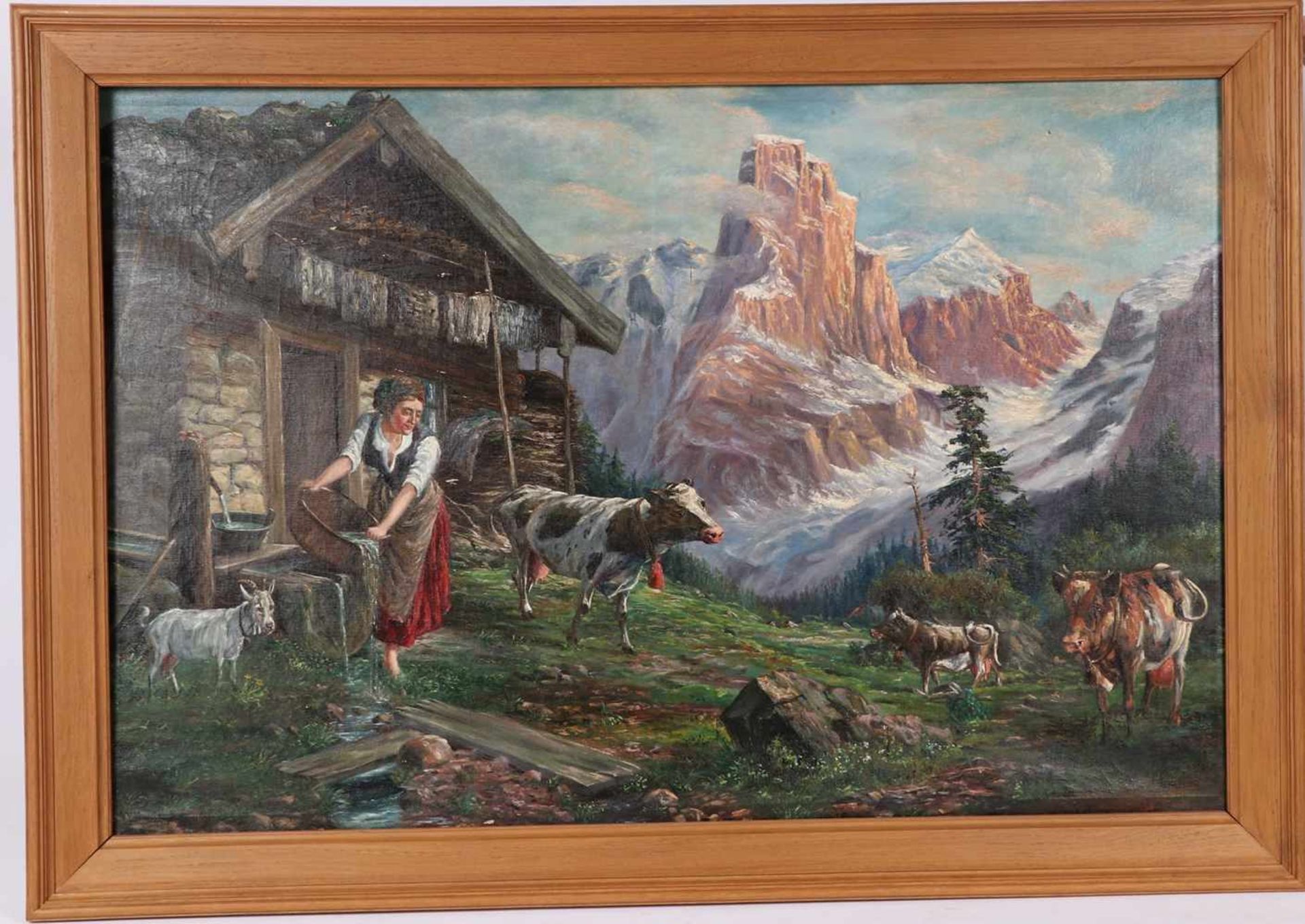 Müller-Bispingen 1914Auf der Alm. Öl/Leinwand. Vor der Kulisse der Dolomiten wird das Leben auf