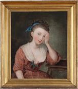 Porträtmaler um 1800Kniestück einer jungen Frau nachdenklich den Kopf in die Hand gestützt in feiner
