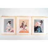 3 Holzschnitte, Japan 19. Jh.Farbholzschnitte auf Japan-Papier mit Geisha-Darstellungen. Blattgr.: