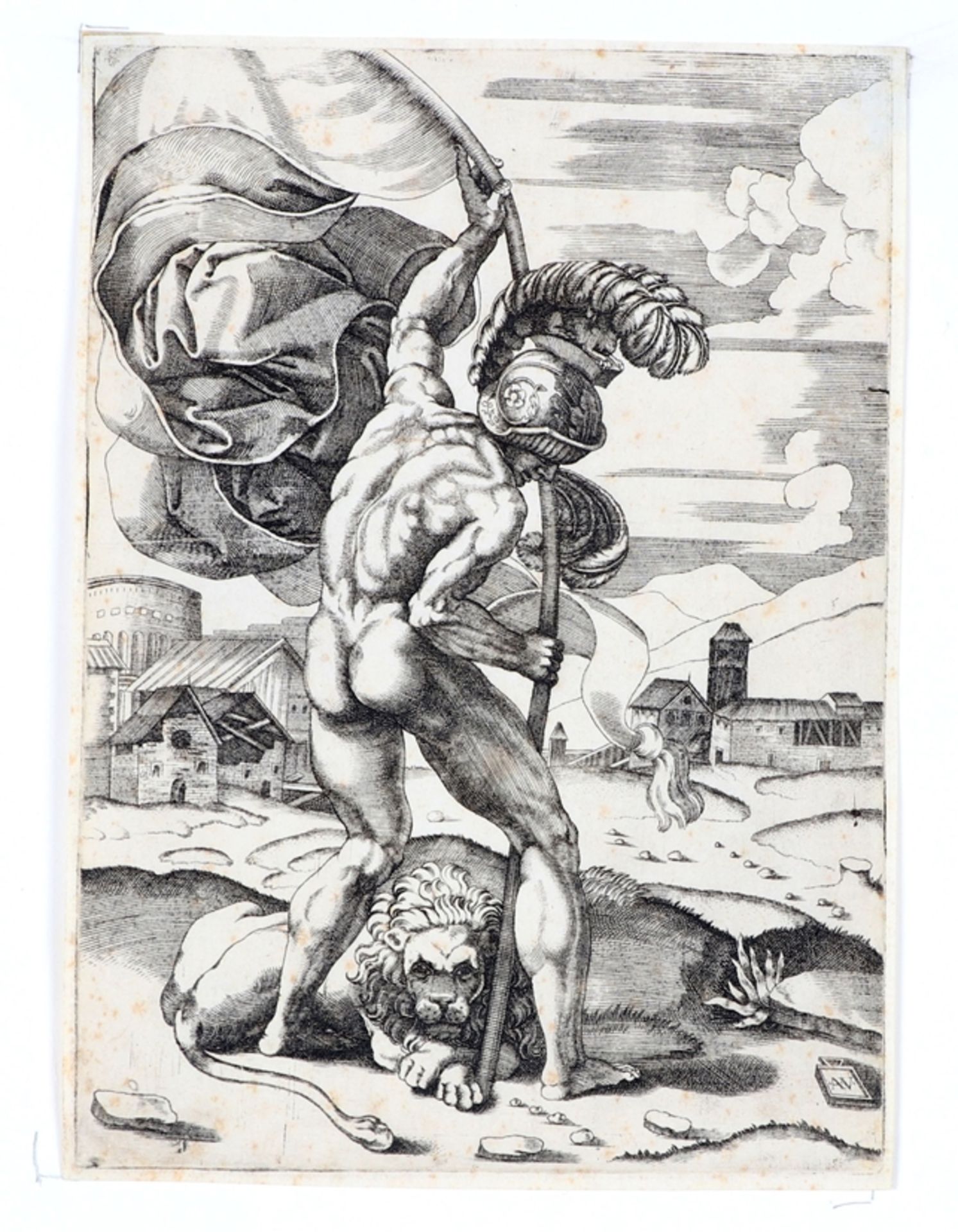 Agostino Veneziano (1490 - 1569)Radierung. "Fahnenschwinger". 25 x 18 cm.