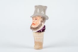 Porzellankopf als FlaschenkorkenMeissen, um 1900.Mann mit Bart und Hut. Unterglasurblaue