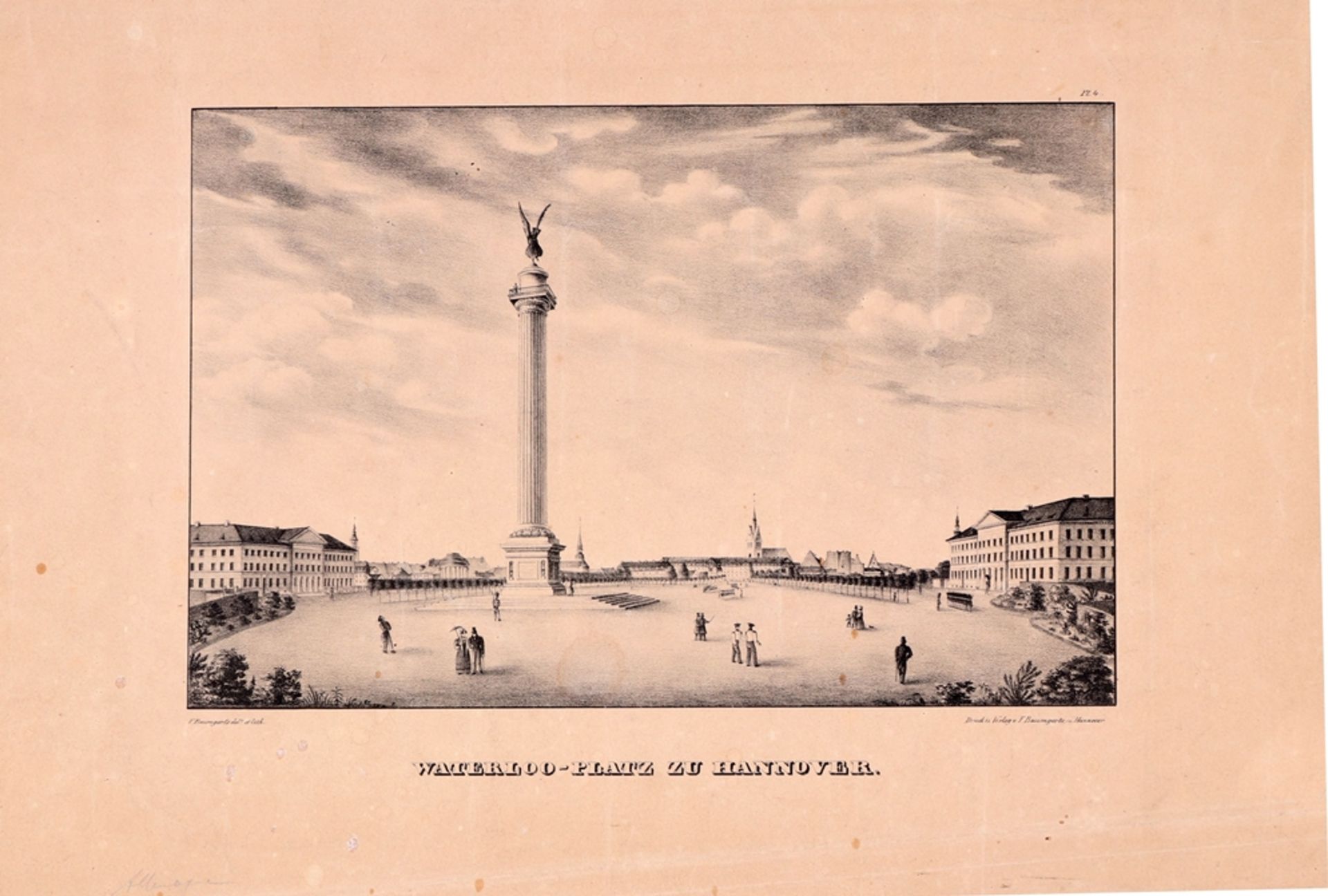 Baumgate, F.Lithographie. Waterloo-Platz mit Waterloo-Säule vor 1839. Plattenm.: 18,5 x 28 cm,