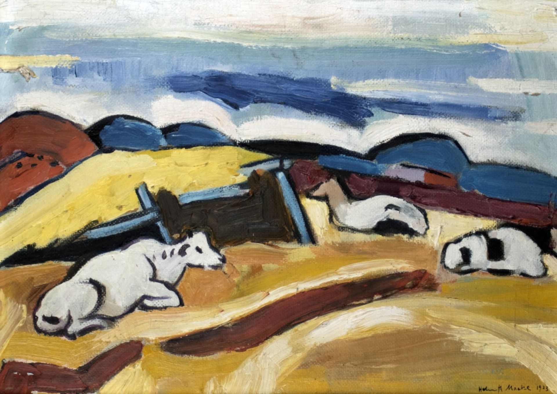 Helmuth Macke1891 - 1936Landschaft mit weißen Büffeln (Macedonien)Öl auf Malkarton; H 3