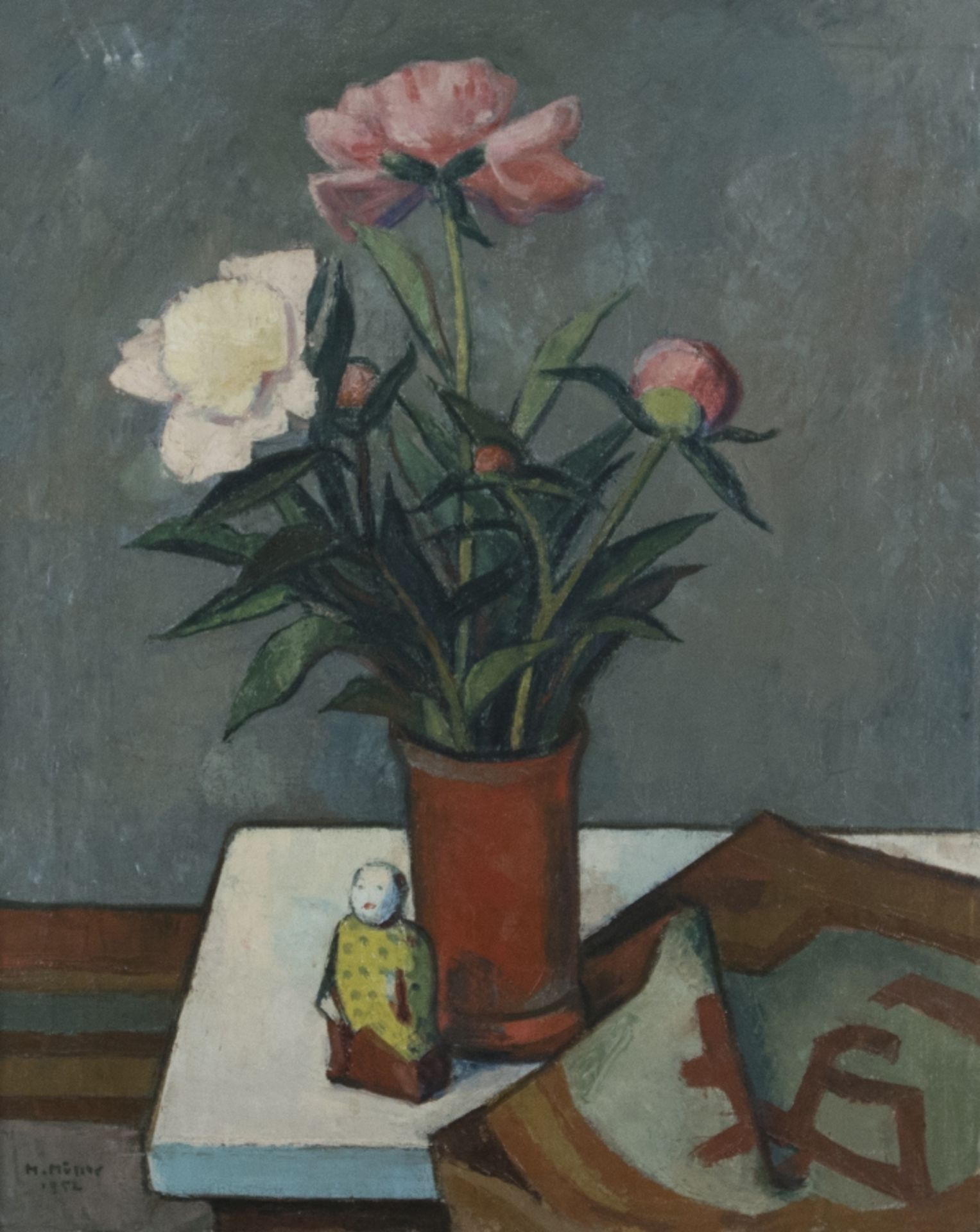 Heinrich Müller1885 - 1960Stilleben mit Blumen und japanischer FigurÖl auf Lwd; H 60 cm