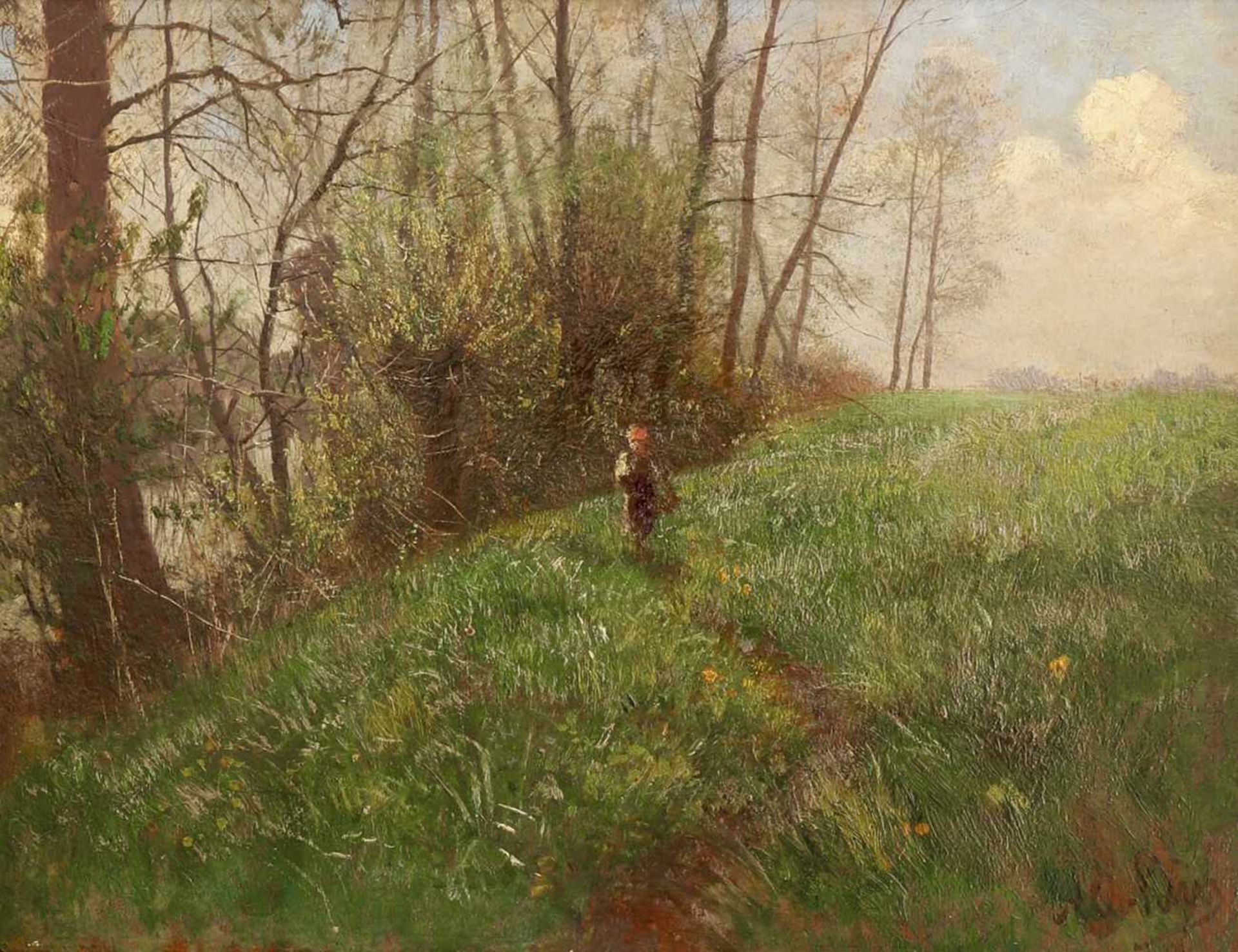 Adolf Lins, (1856 - 1927)Adolf Lins, Oil Painting, LandscapeLandscape. Spring landscape with person.
