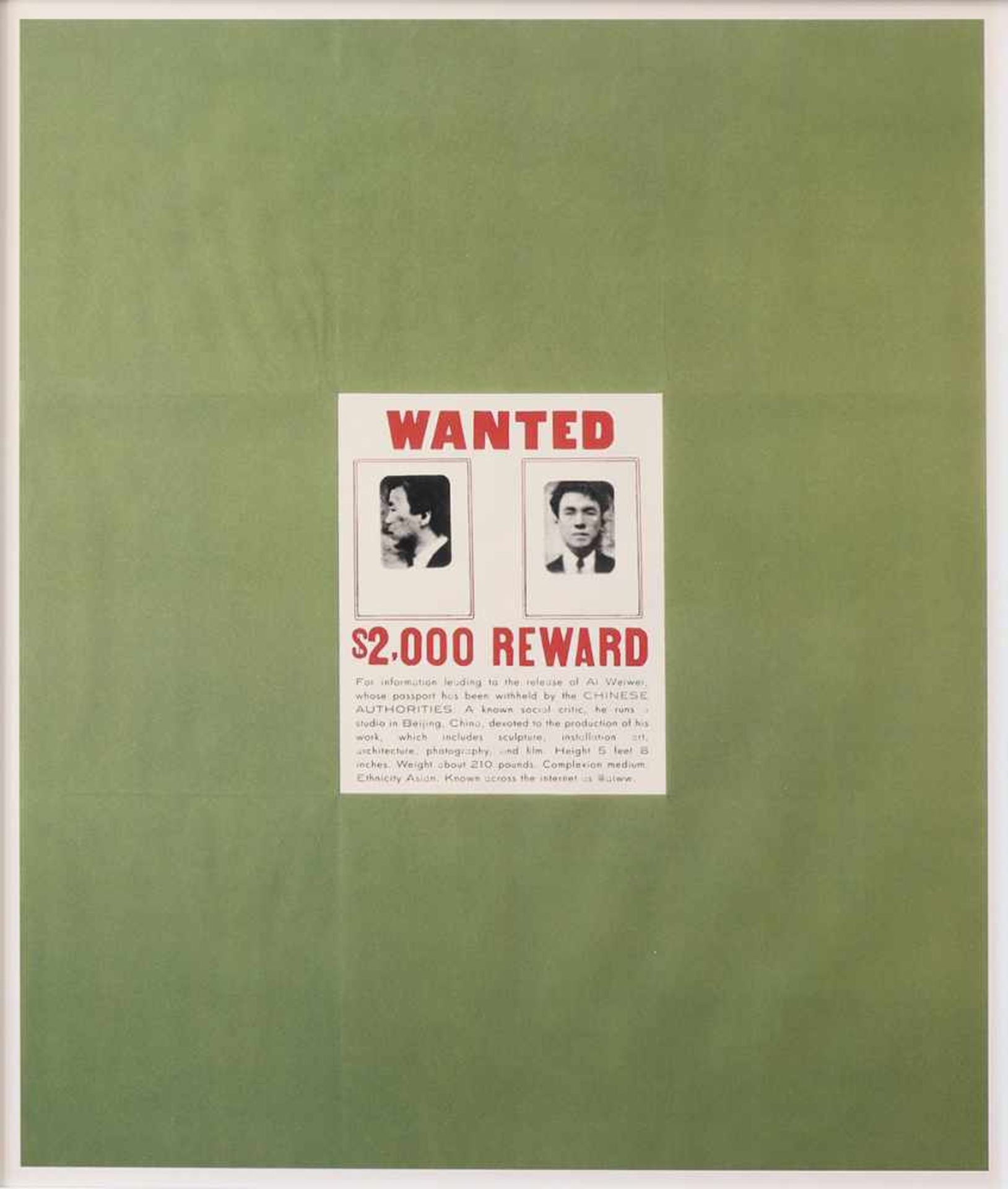 Ai Weiwei, (*1957)Ai Weiwei, WantedWanted. 2014. Lithography. From an edition of 200 copies. 61 x