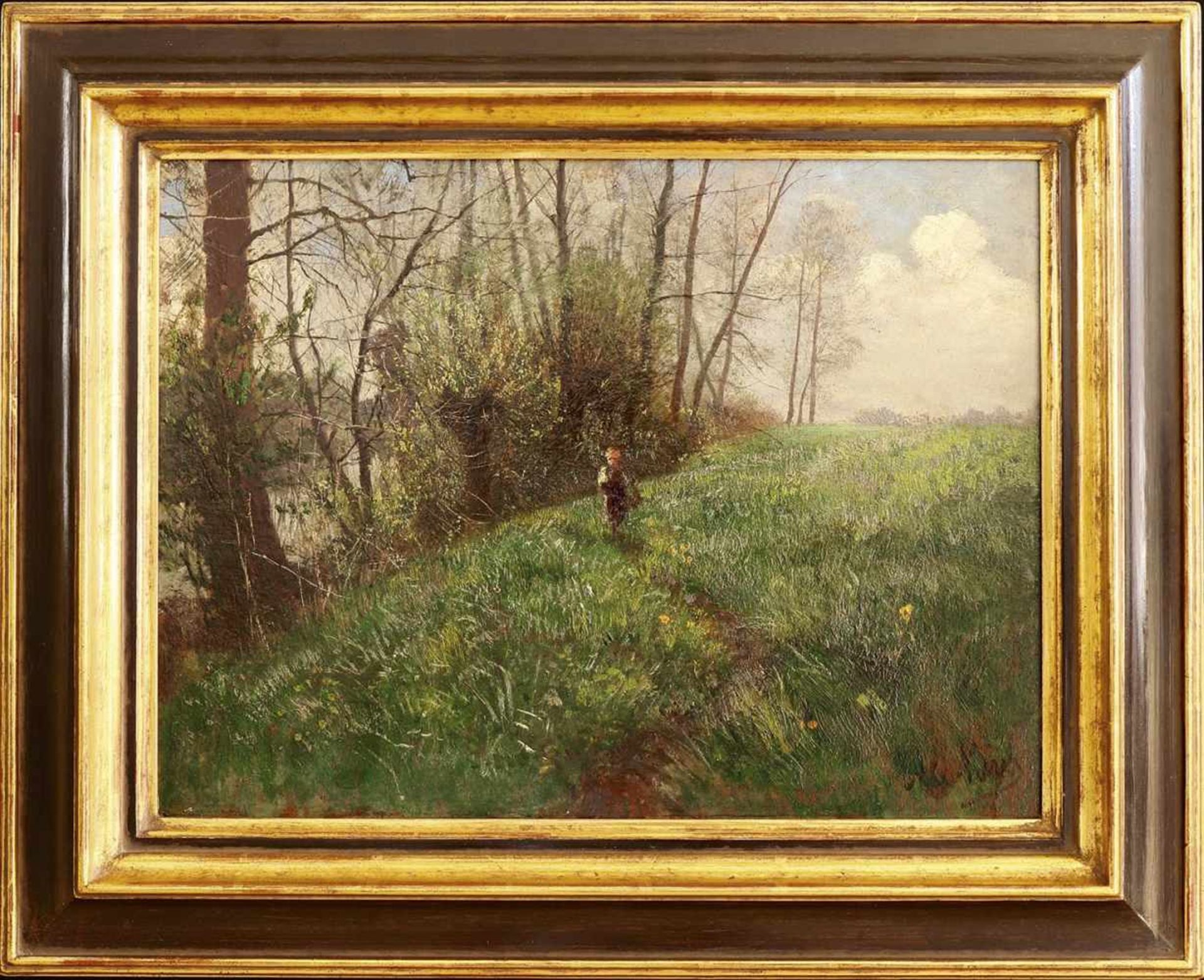 Adolf Lins, (1856 - 1927)Adolf Lins, Oil Painting, LandscapeLandscape. Spring landscape with person. - Bild 2 aus 3