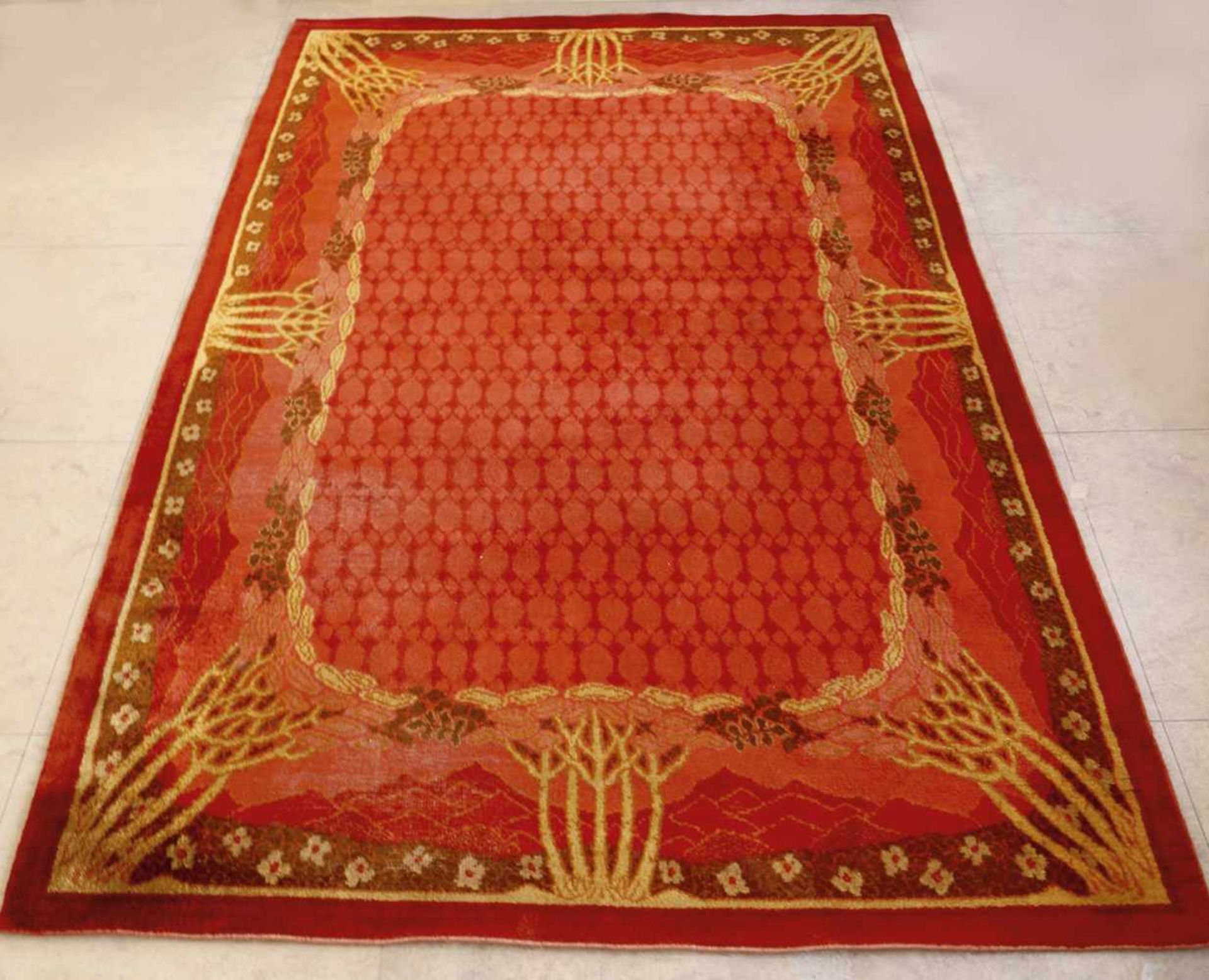 Carpet Jugendstil Art Nouveau carpet. Wool, . Decor in red, olive and ocher tones with all-round