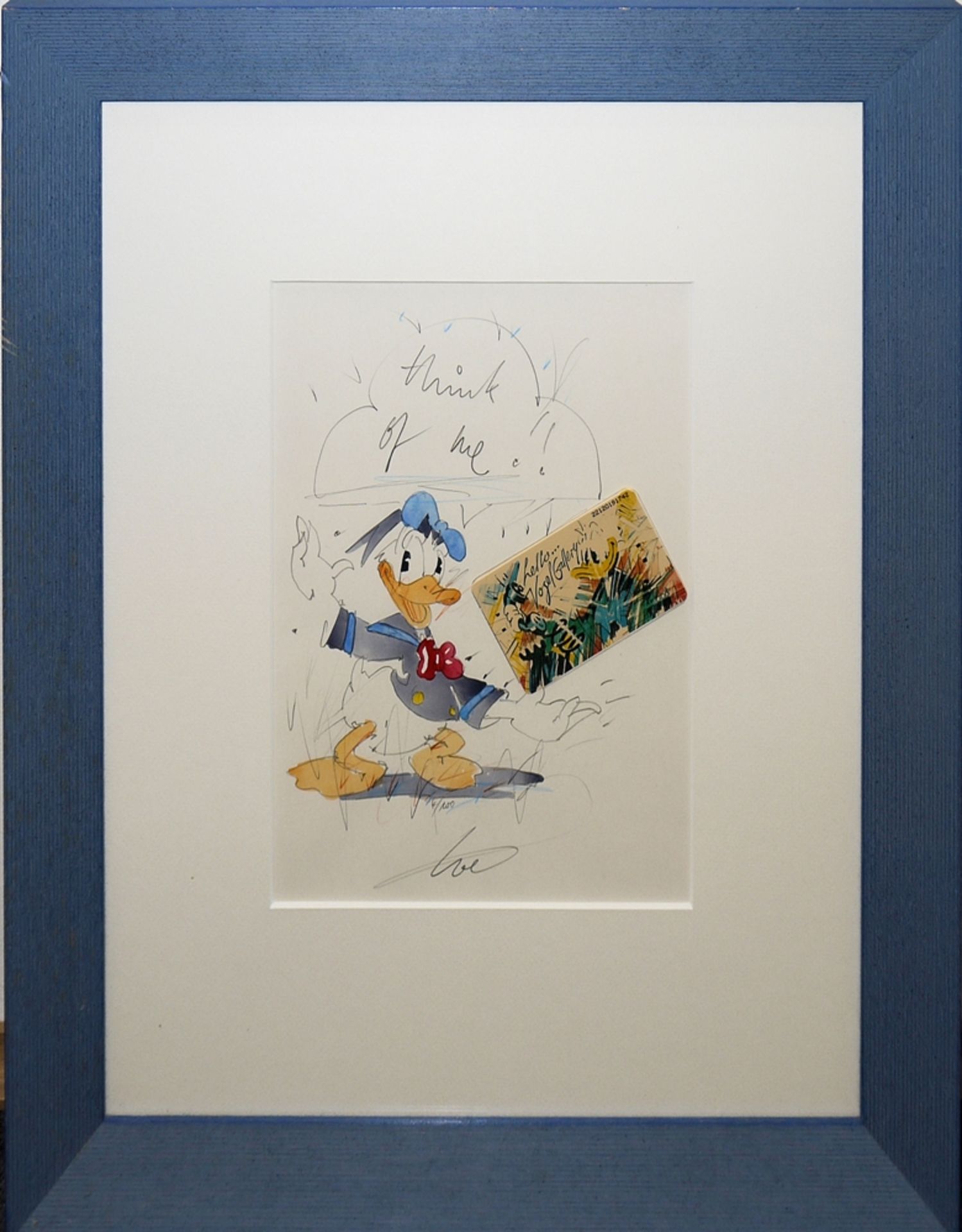 Wolfgang Loesche, „Think of me!!“, Donald Duck mit Sprechblase, aquarellierte Bleistiftzeichnung und