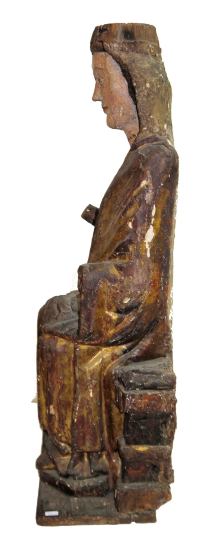 Thronende Madonna als „Sedes Sapientiae“, Holzskulptur mit Resten der originalen Fassung, Spanien - Bild 4 aus 5