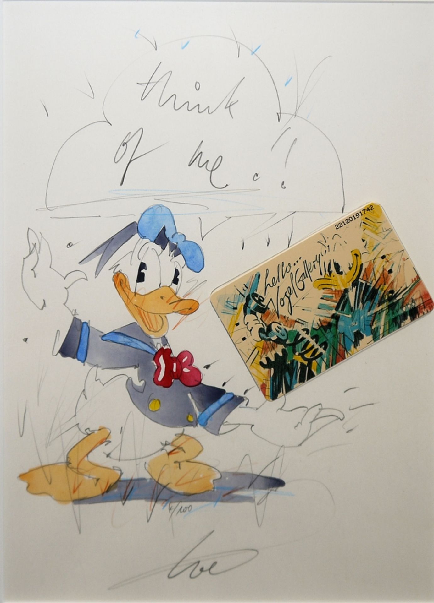 Wolfgang Loesche, „Think of me!!“, Donald Duck mit Sprechblase, aquarellierte Bleistiftzeichnung und - Bild 2 aus 3