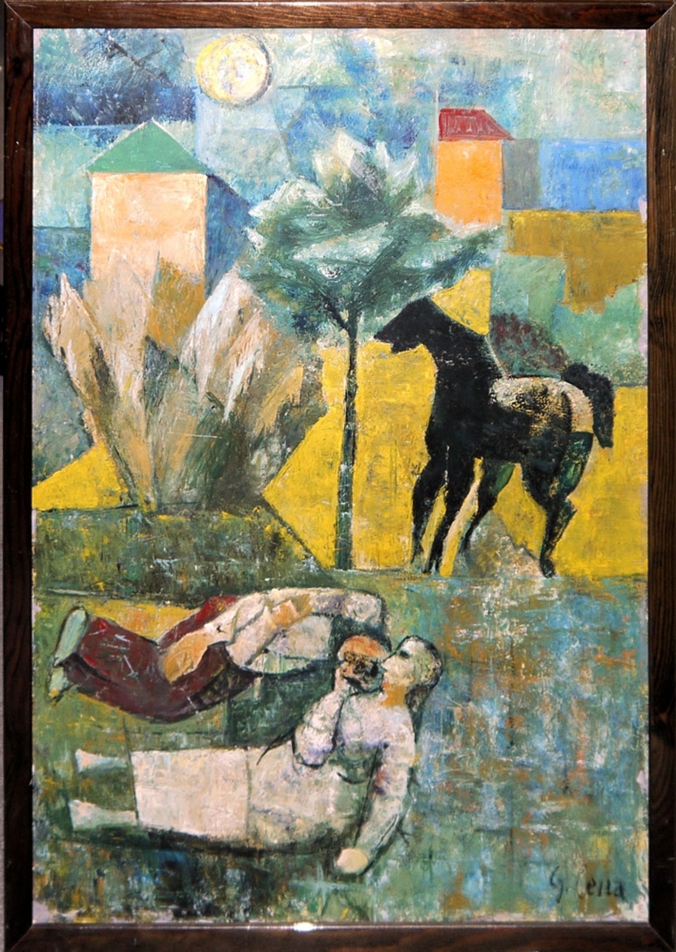Gabriele Cena, Mediterrane Landschaft mit ruhendem Bauernpaar und einem Pferd, Ölgemälde, 1940/