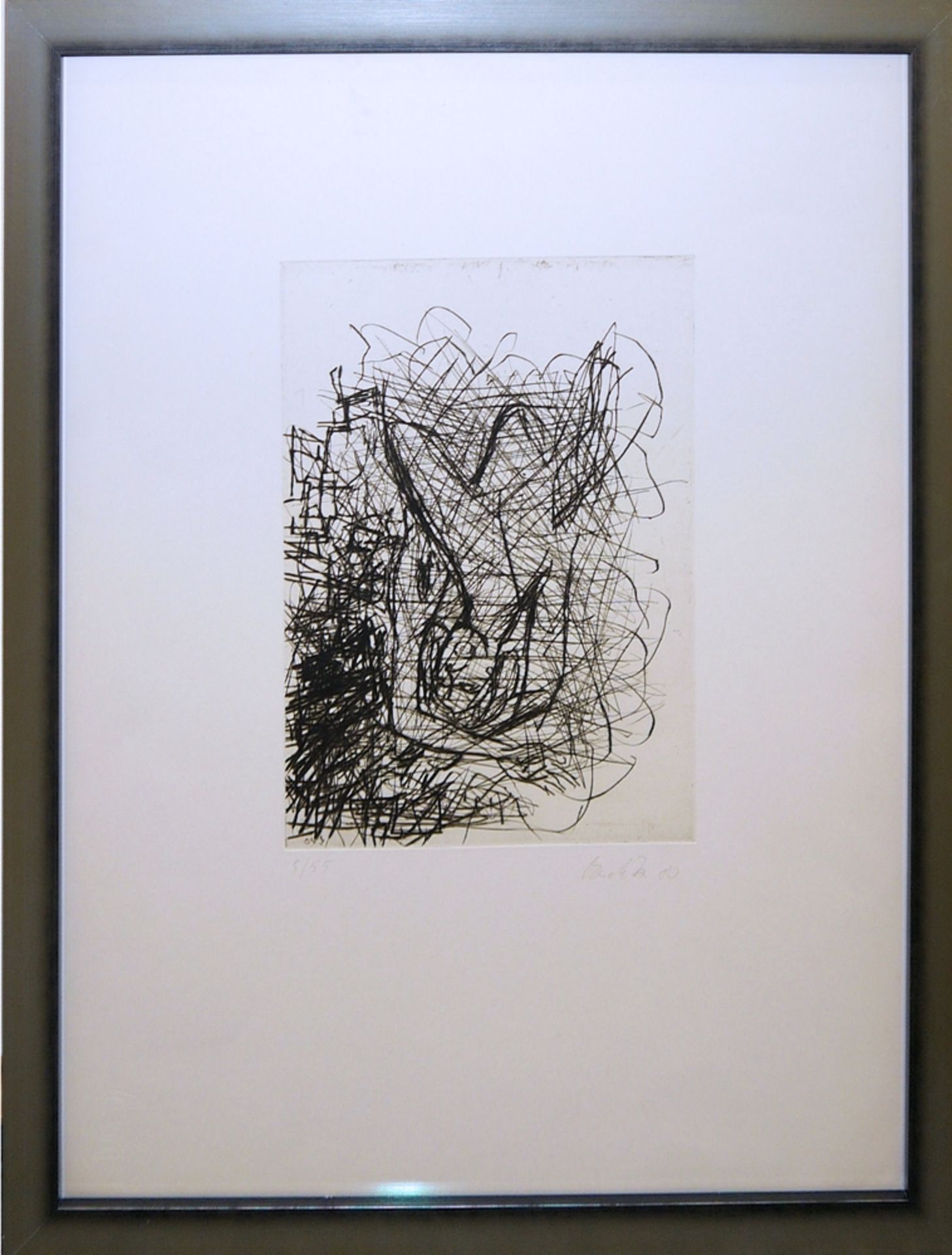 Georg Baselitz, „Frau im Fenster“, signierte Kaltnadel-Radierung, (19)80, Atelierrahmen mit