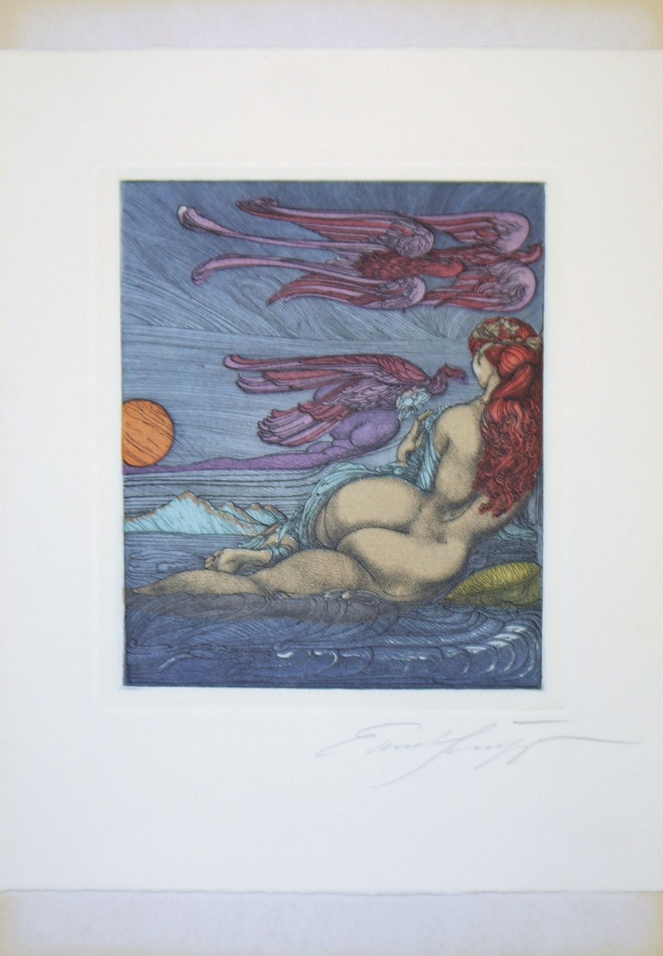 Ernst Fuchs, "Die Bachnymphe", signierte Farbradierung von 1976