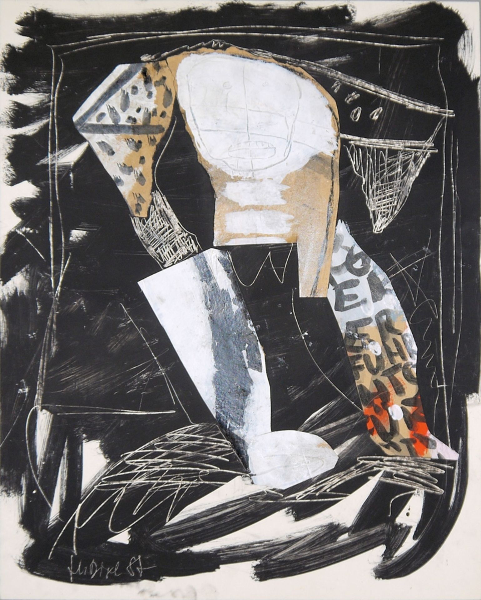 Helga Digel, abstrahierte weibliche Figur, Mischtechnik/ Collage von 1987