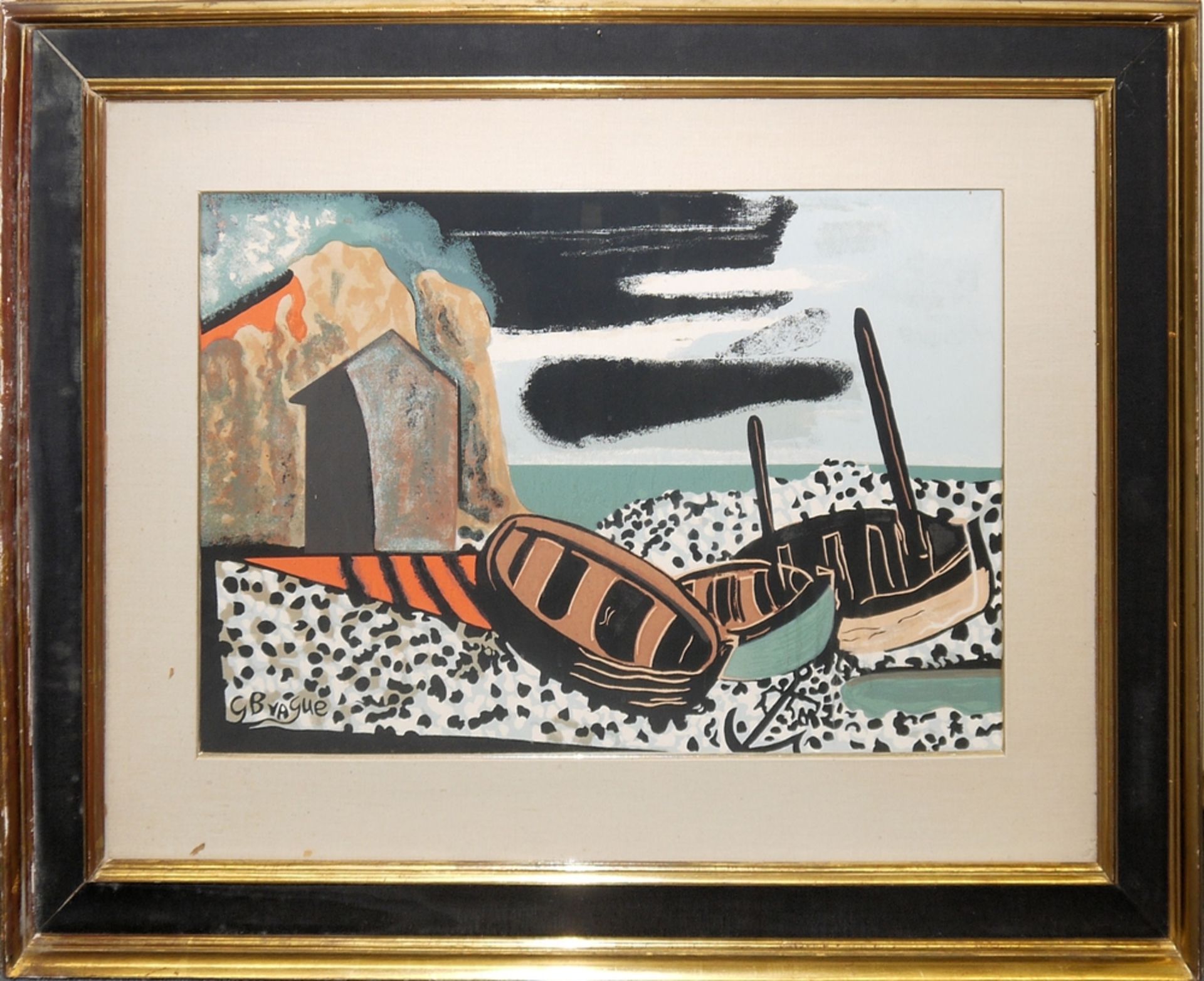 Georges Braque, Fischerboote am Strand, Farblithographie, aufwändig gerahmt<