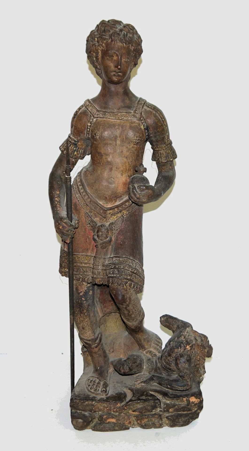 Anonym, Norditalien um 1600, Erzengel Michael auf dem besiegten Teufel stehend, große Terracotta-