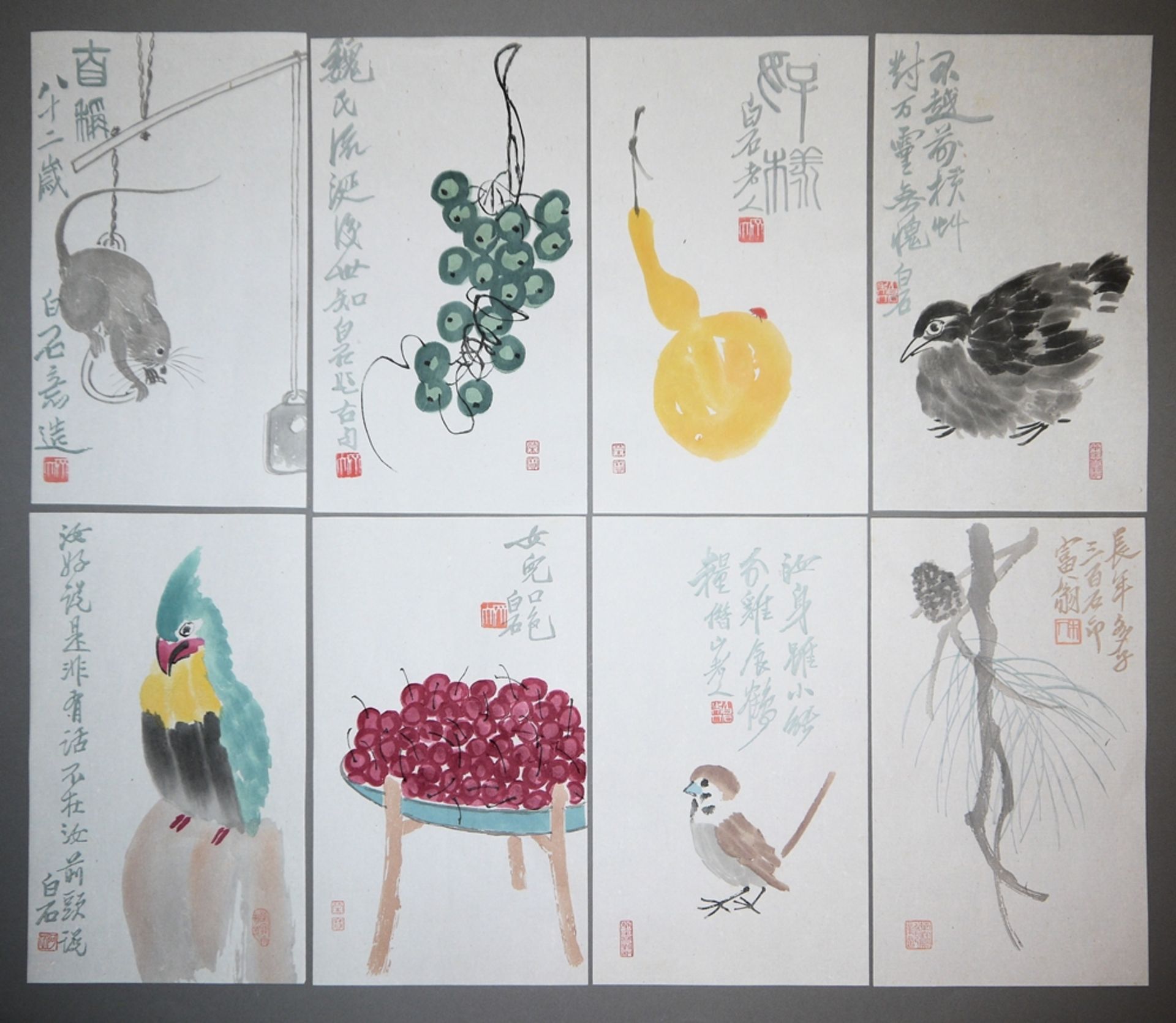 Qi Baishi, Serie aus 16 Farbholzschnitten, Verlag Rong Bao Zhai, Peking, 1950er Jahre