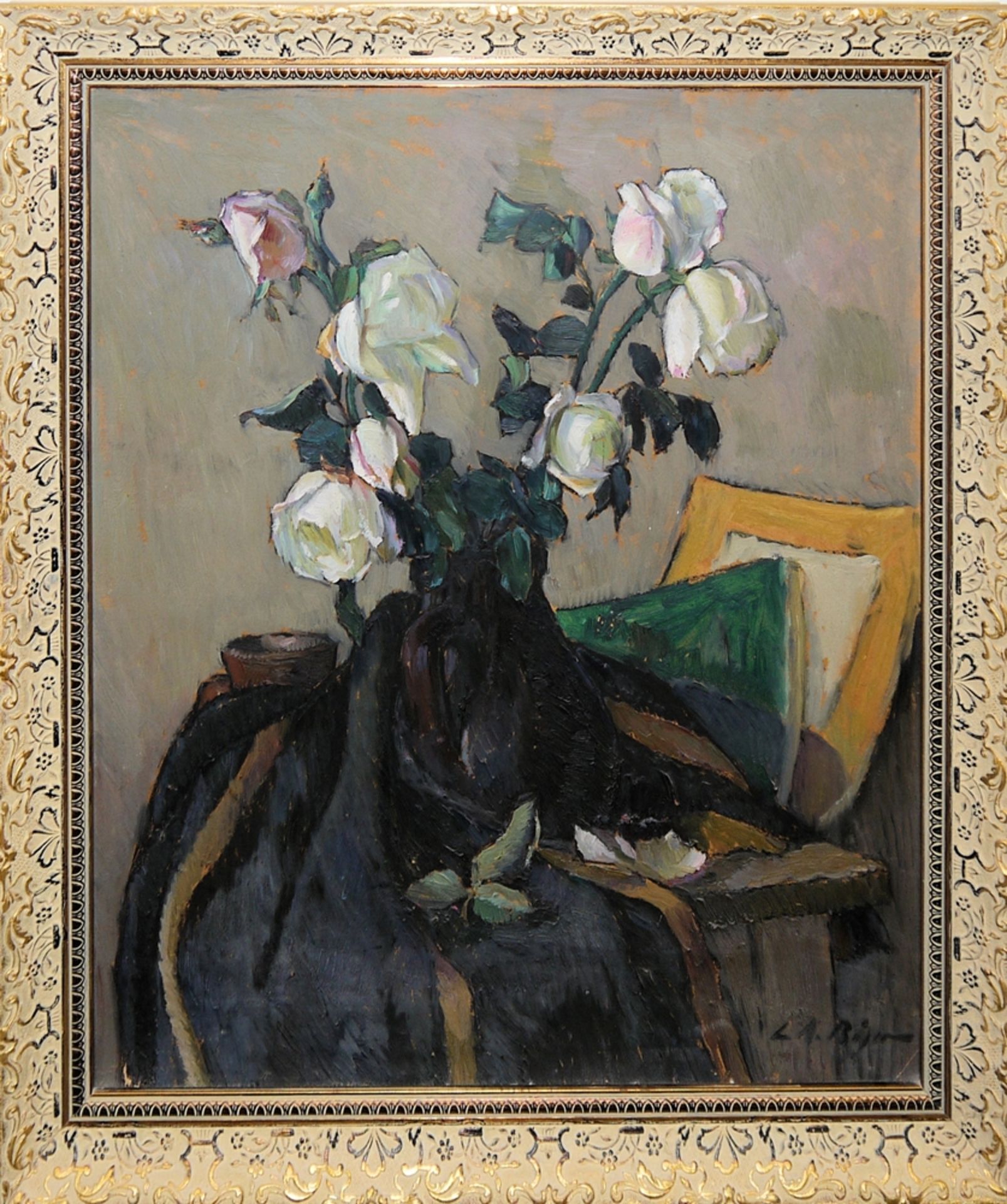 Leon Alexandru Biju, Stillleben mit weißen Rosen, Ölgemälde, “Impressionistenrahmen”L