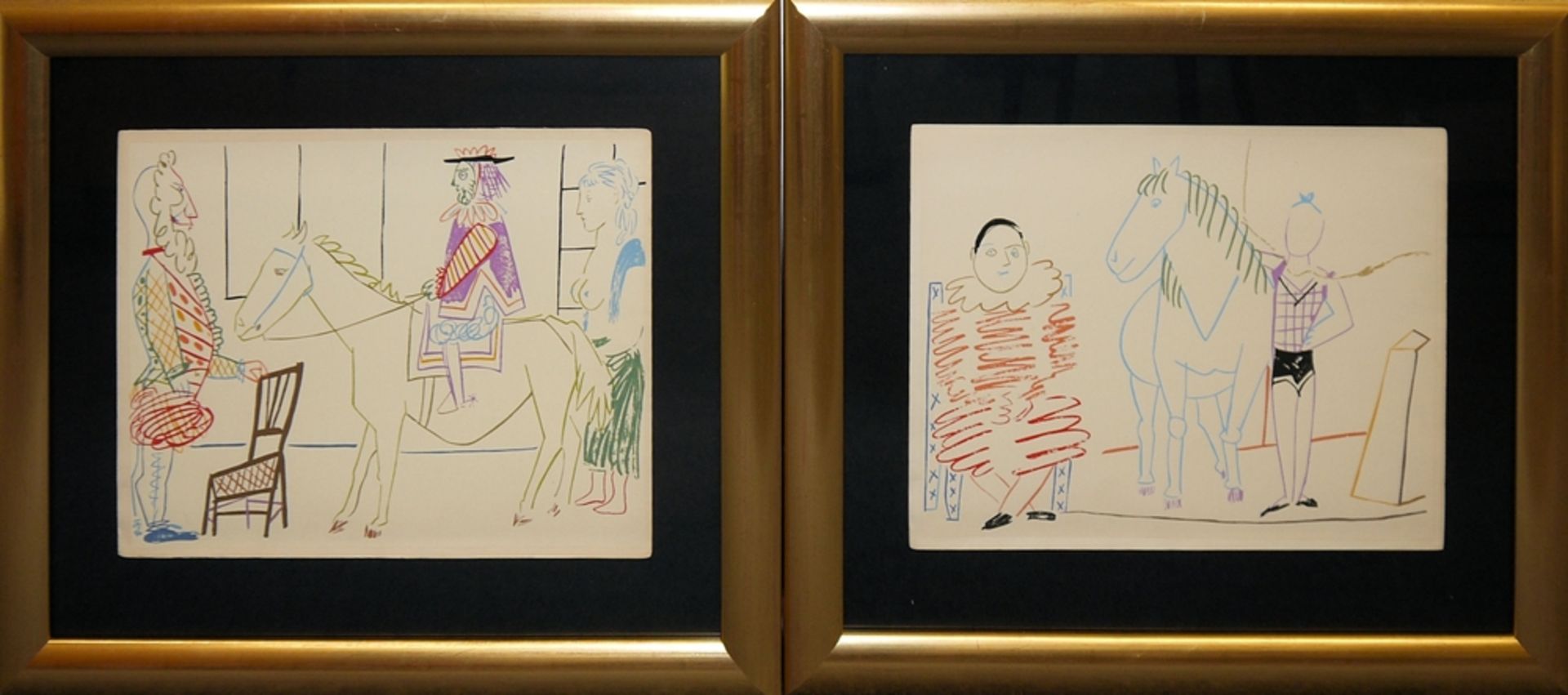 Pablo Picasso, 2 Pochoirs nach farbigen Zeichnungen von 1954, in Atelierrahmen