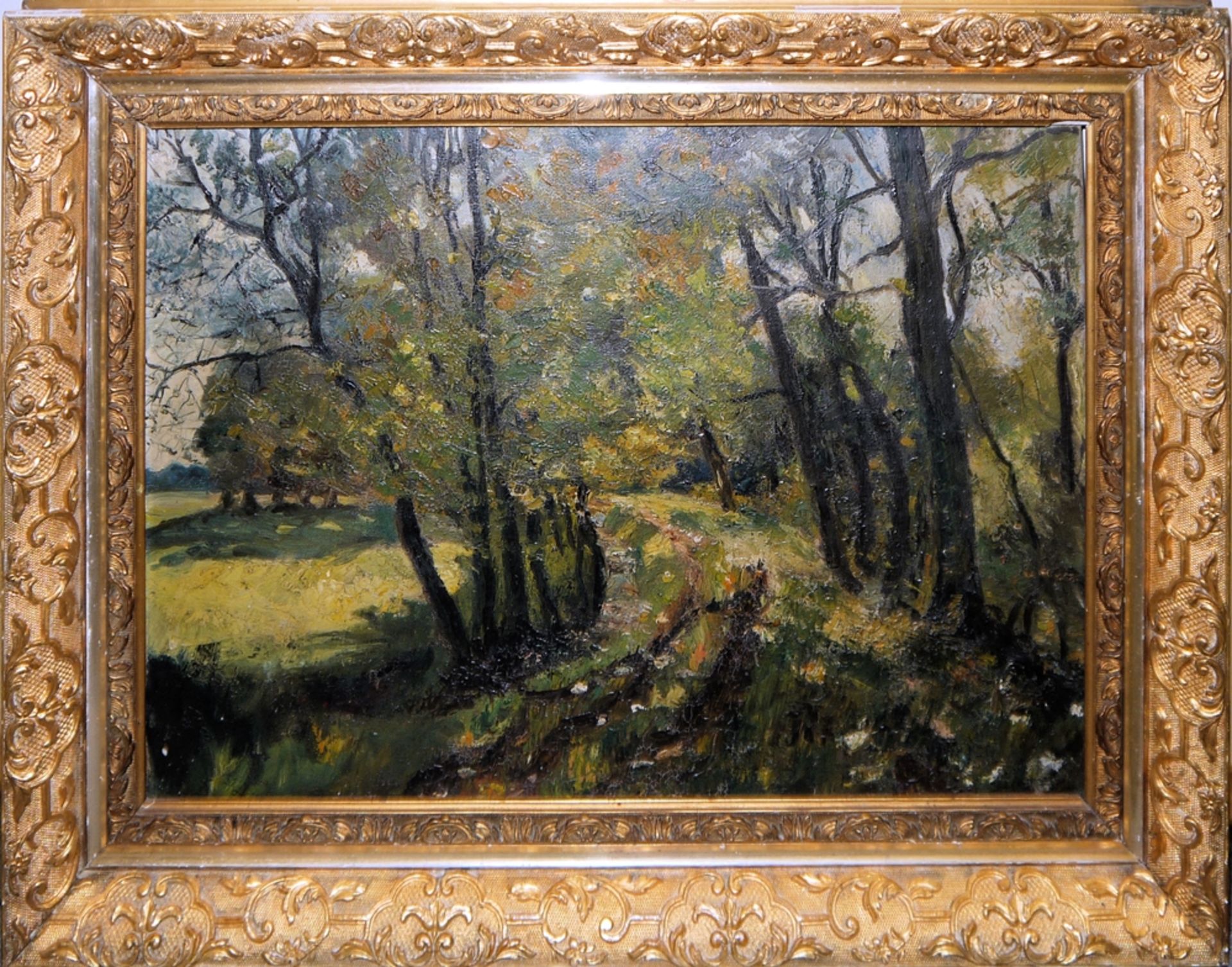 Anonymer deutscher Impressionist um 1900/1910, Sonnenbeschienener Waldweg im Frühling, Ölgemälde,
