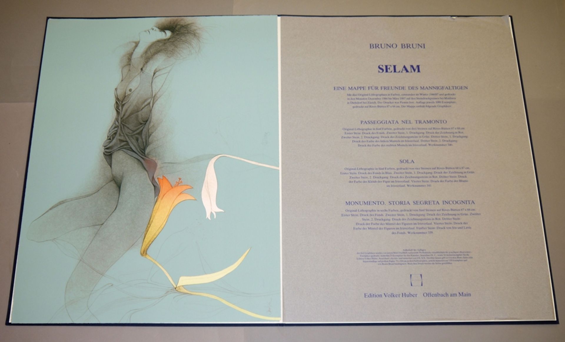 Bruno Bruni, Mappe "Selam" von 1986/87 mit 3 großformatige Farblithographien: "Sola", "Passeggiata