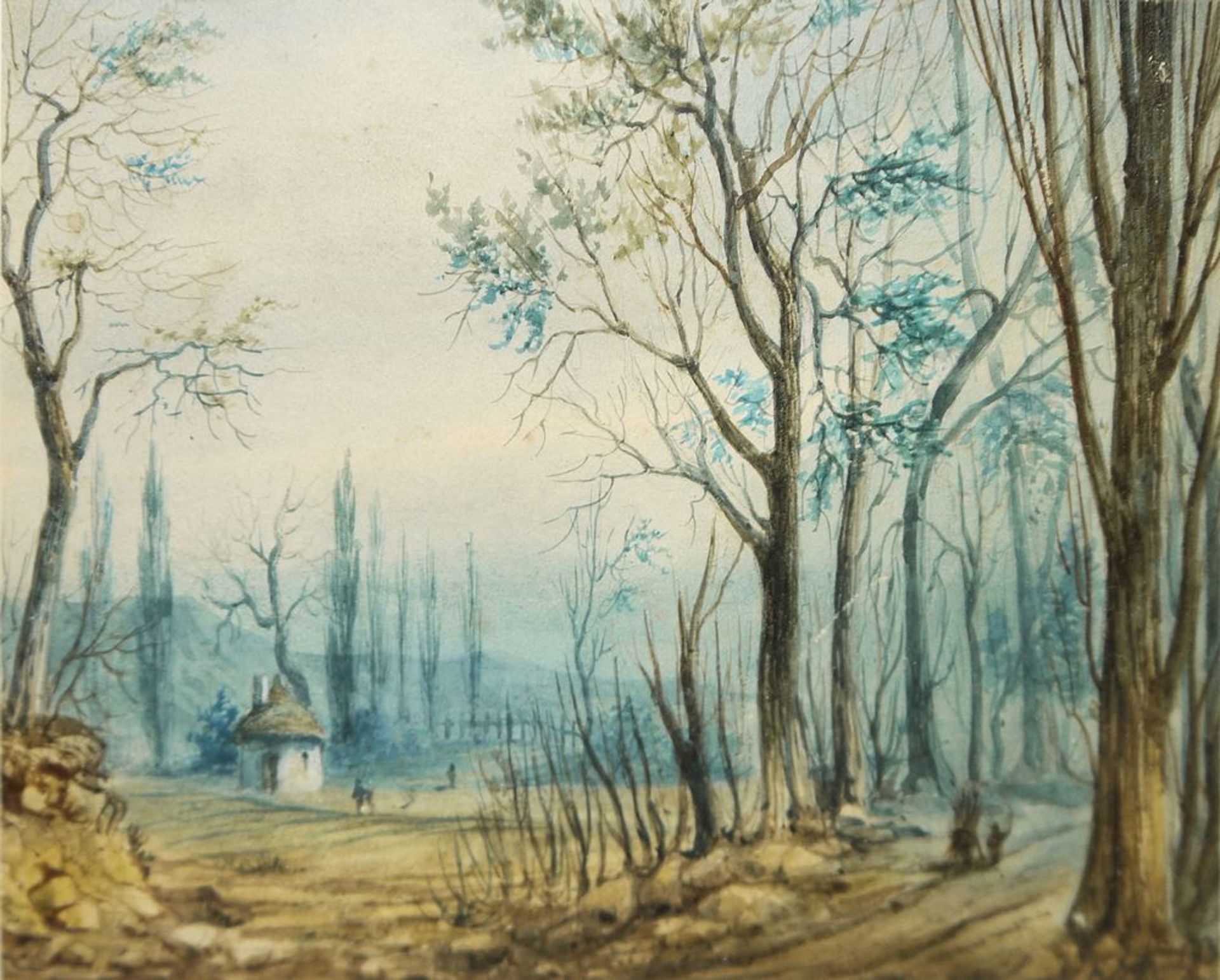 Monogrammist A. Sch., Lichte Waldlandschaft mit Reisigsammlern u. Köhlerhütte, Aquarell von 1834, - Bild 2 aus 3