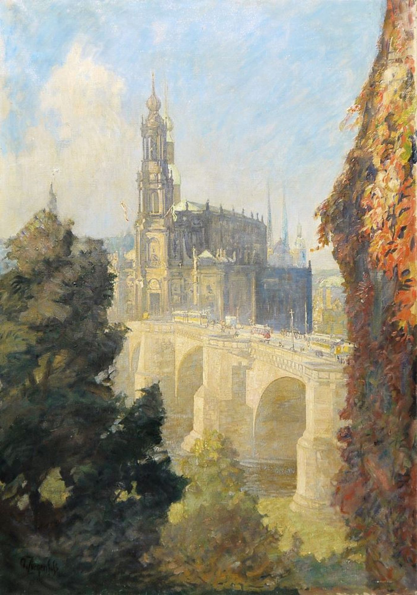 Johann Friedrich Oskar Ziegenfuß, Dresden mit Hofkirche und Augustusbrücke, Ölgemälde von 1915Johann