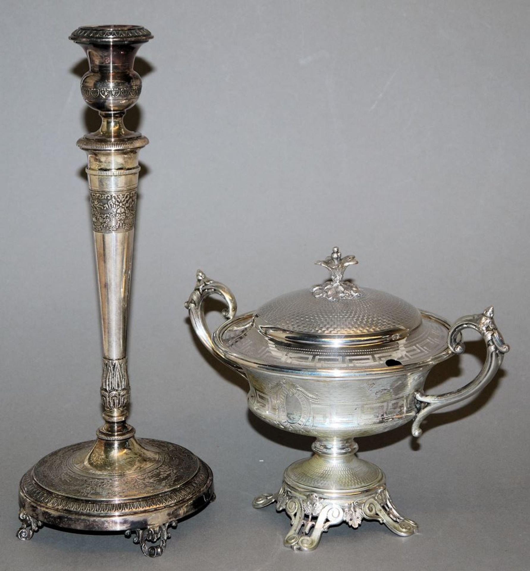 Zuckerschale, Silber, 19. Jh. & Leuchter, Silber, um 1900/20