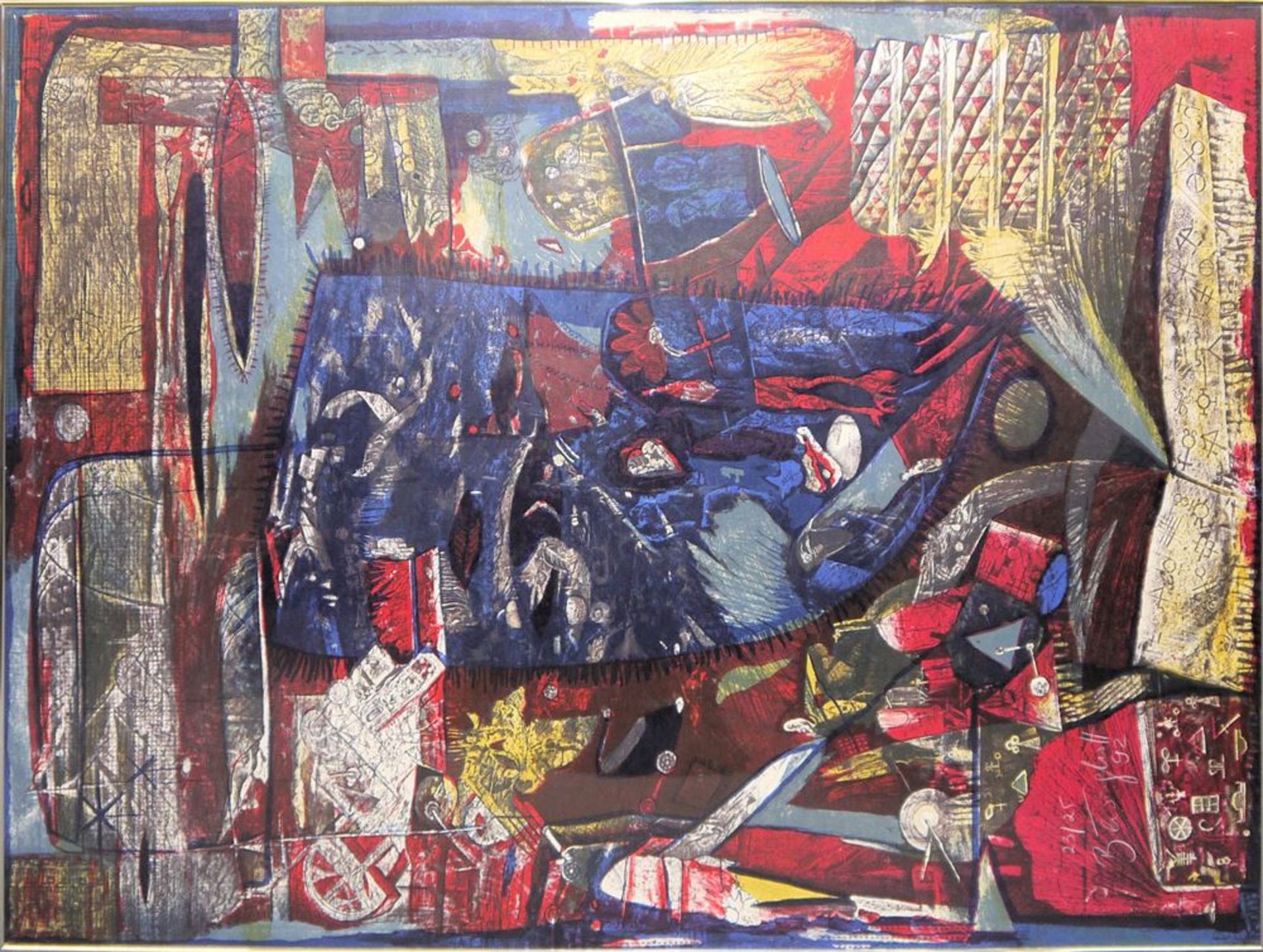 Helga Berghoff, große abstrakt- figurative Komposition, Farblithographie, sign., GalerierahmungHelga
