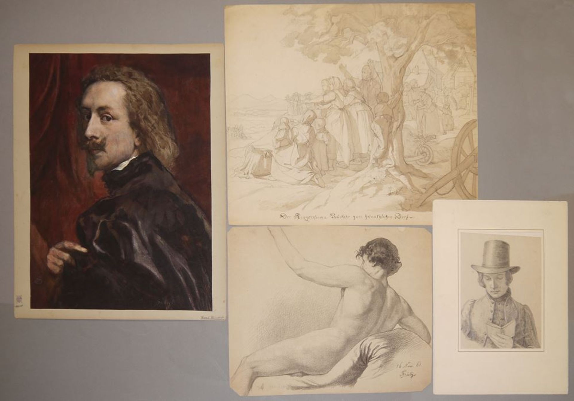 4 Meister-Zeichnungen des 19. Jh.: u.a. August Richter, Friedrich Grätz, Carl Windels